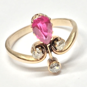 Złoty PIERŚCIONEK 585 14K Art Déco RUBIN i BRYLANTY 0.33ct r.18